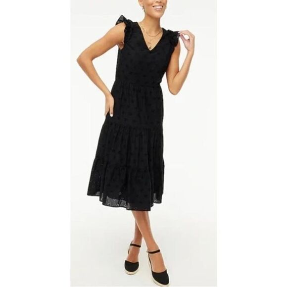 J. Crew Black Eyelet Flutter Sleeve Midi Dress NWT Sz. OP - Picture 1 of 6